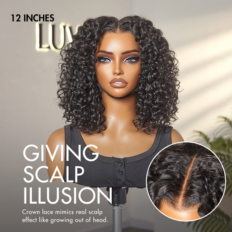 Natural black deep curly 5x5 lace wig with glueless closure, pre-cut for easy wear, by Luvme Hair.