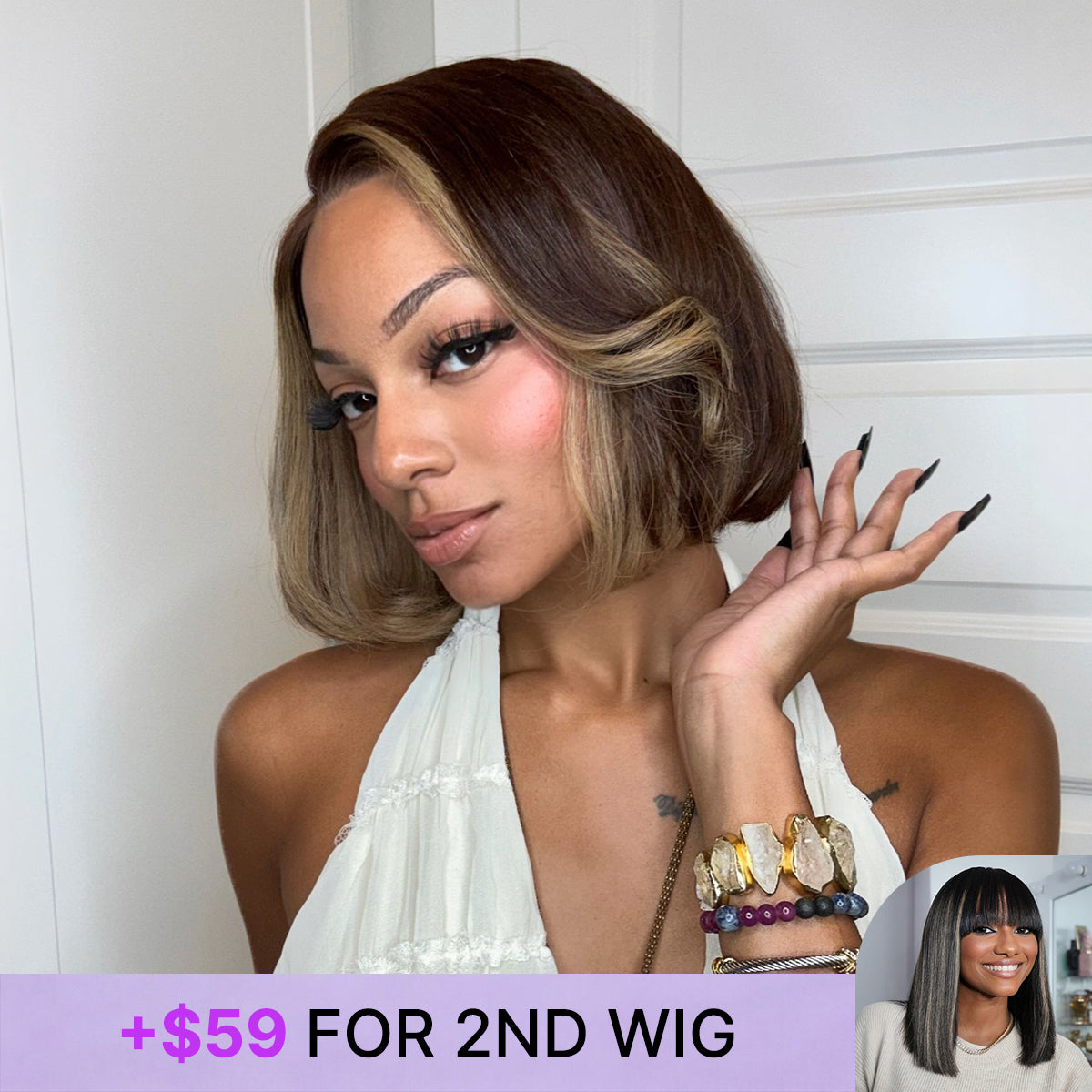 Luvme Hair honey blonde layered bob wig with face-framing highlights, 5x5 lace closure, glueless, pre-cut lace for all-day comfort