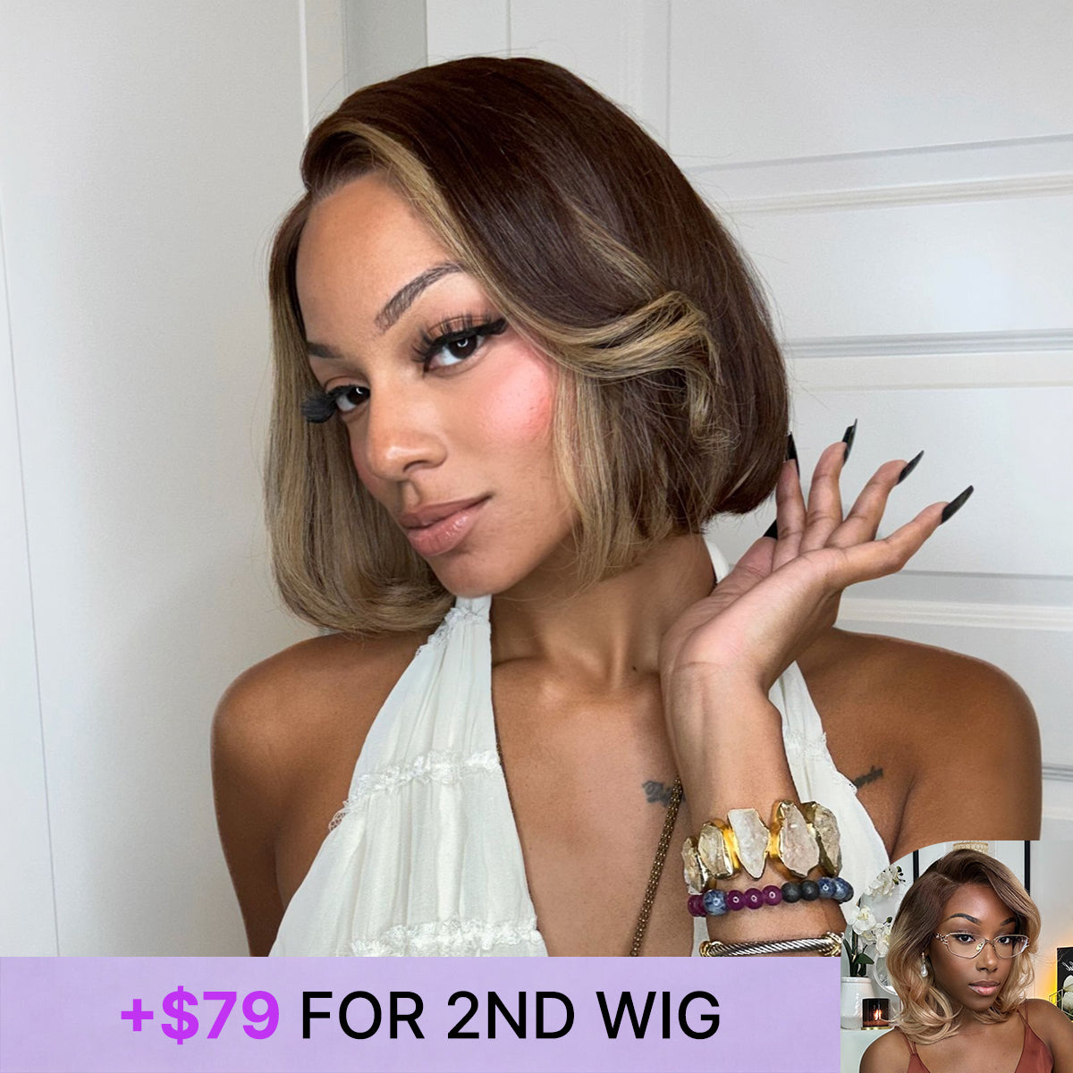 Luvme Hair honey blonde layered bob wig with face-framing highlights, 5x5 lace closure, glueless style, blowout finish.