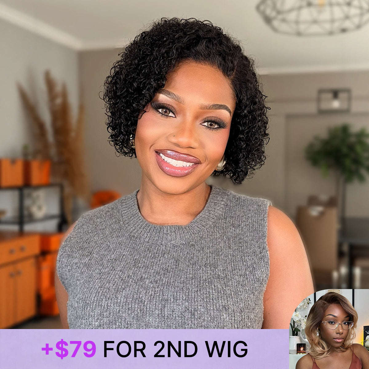 Luvme short cut curly HD lace glueless side part wig made of 100% human hair with pre-cut lace and minimalist style.