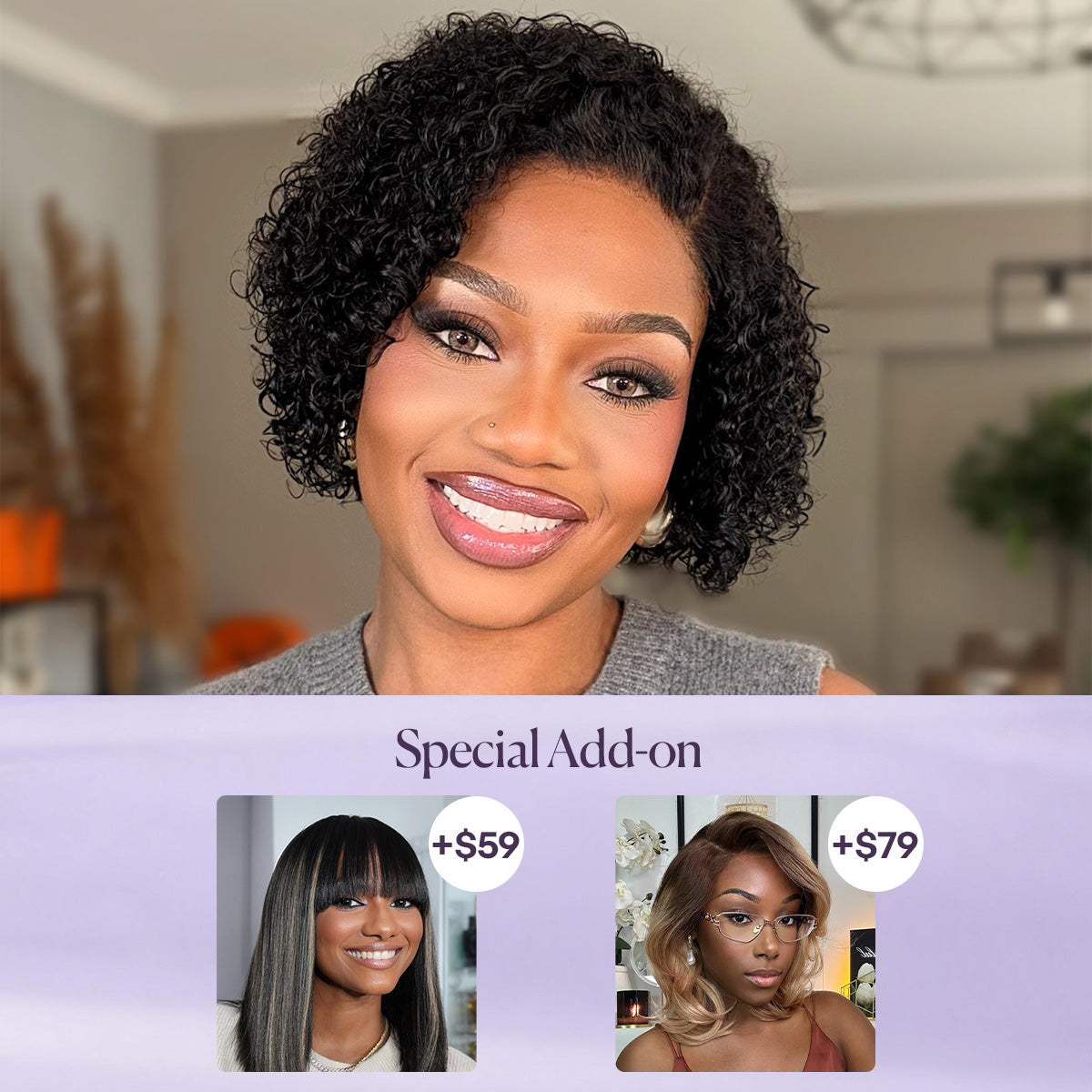 Luvme trendy short cut curly HD lace glueless side part wig made from 100% human hair, showing pre-cut lace and natural curls.