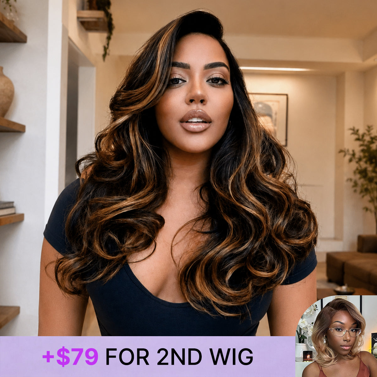 Luvme Hair brown highlight loose body wave glueless HD lace wig with pre-cut lace and 200% density, showcasing natural waves and lace detail.
