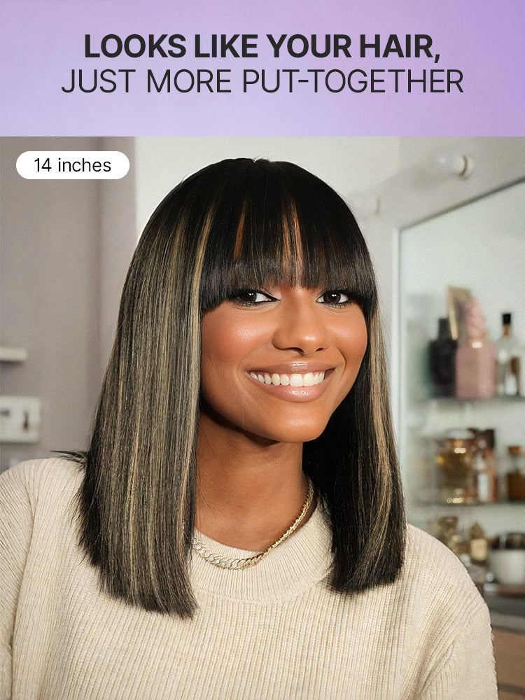 Luvme Put On and Go Realistic Glueless Yaki Straight Bob lace wig with bangs, 100% human hair, minimalist style