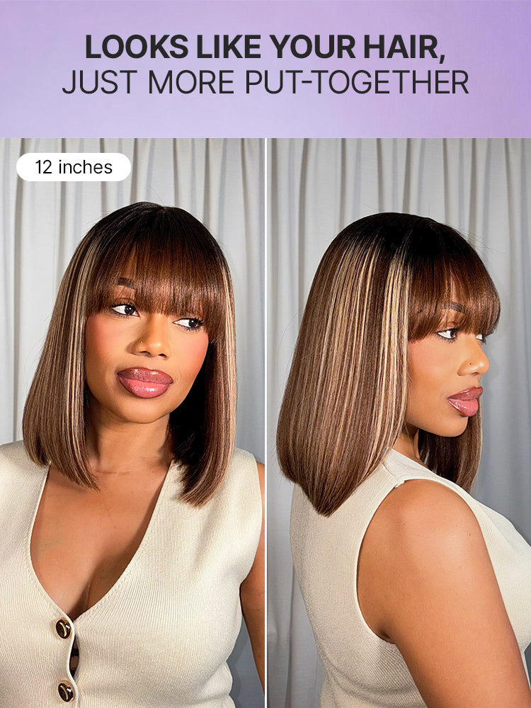 Luvme Put On and Go Realistic Yaki Straight Bob lace wig with bangs, 100% human hair, minimalistic design, glueless application