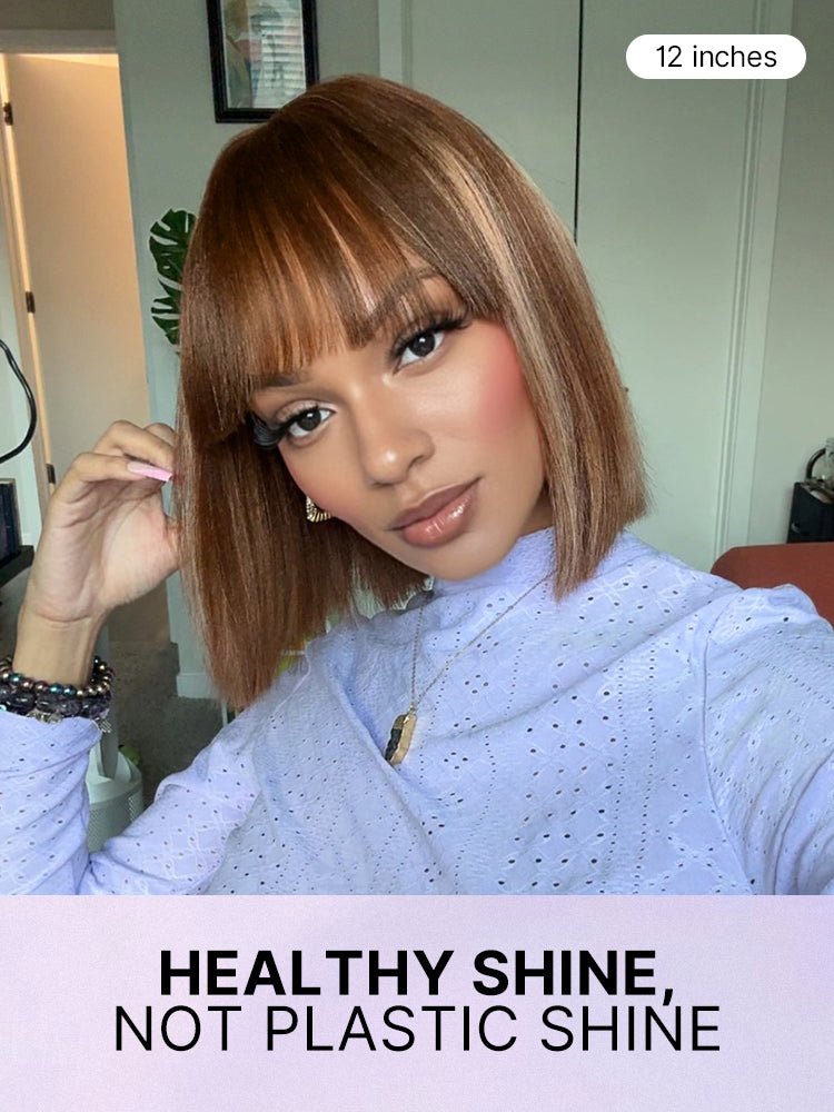Luvme Put On and Go Yaki Straight Bob Lace Wig with Bangs, realistic human hair, minimalist design, glueless fit.