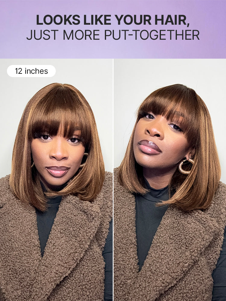 Luvme Put On and Go Realistic Yaki Straight Bob lace wig with bangs, 100% human hair, minimalist style, natural-looking hair.