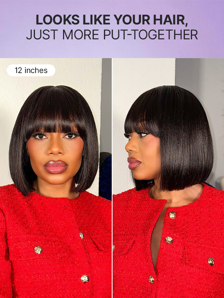 Luvme Put On and Go Realistic Yaki straight bob lace wig with bangs, 100% human hair, minimalist design, natural hairline.