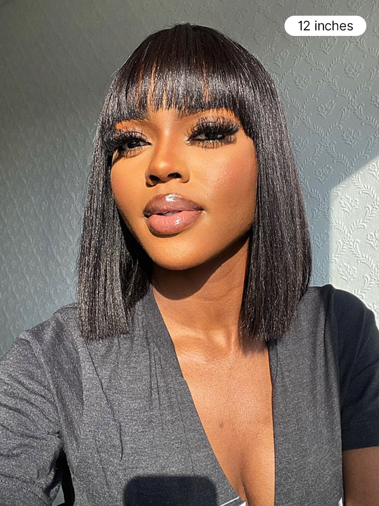 Luvme Put On and Go Realistic Glueless Yaki Straight Bob lace wig with bangs, 100% human hair, minimalist style