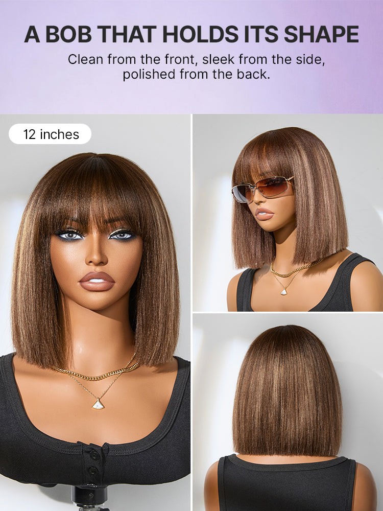 Luvme Put On and Go Yaki Straight Bob lace wig with bangs, realistic 100% human hair, minimal lace for easy wear.