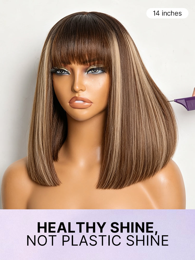 Luvme Put On and Go realistic glueless Yaki straight bob lace wig with bangs, 100% human hair, minimalist design.