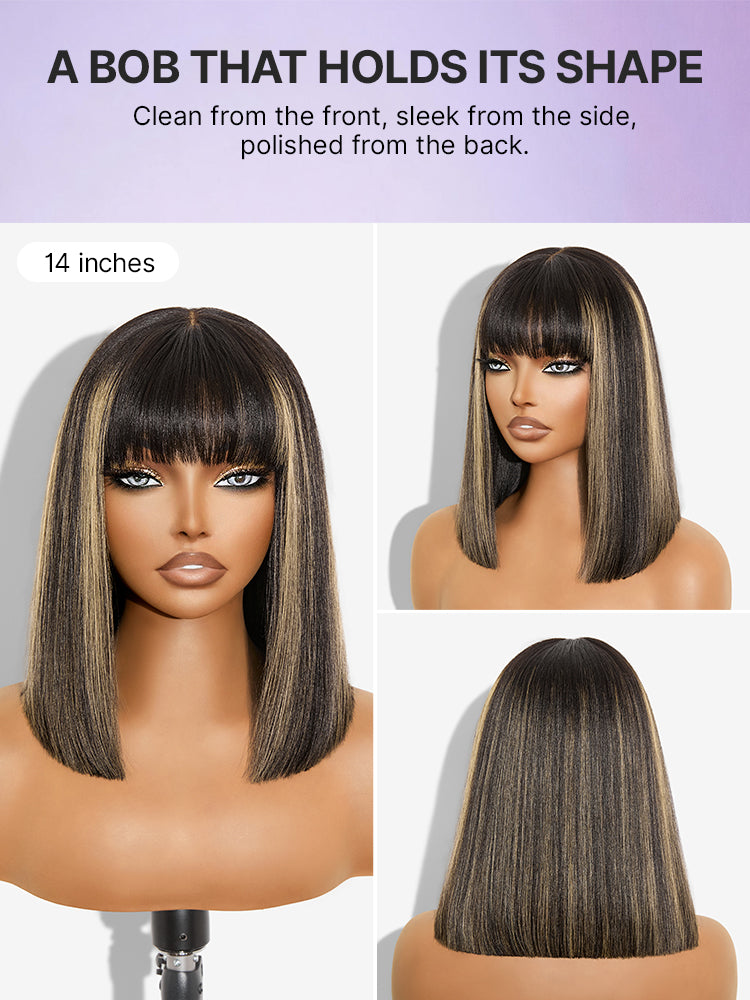 Luvme Put On and Go Yaki Straight Bob lace wig with bangs, realistic 100% human hair, minimalist design, glueless style.