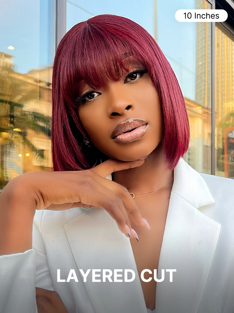 Reddish purple realistic glueless Yaki straight bob wig with bangs from Luvme, featuring a minimalist lace cap and all-day comfort.