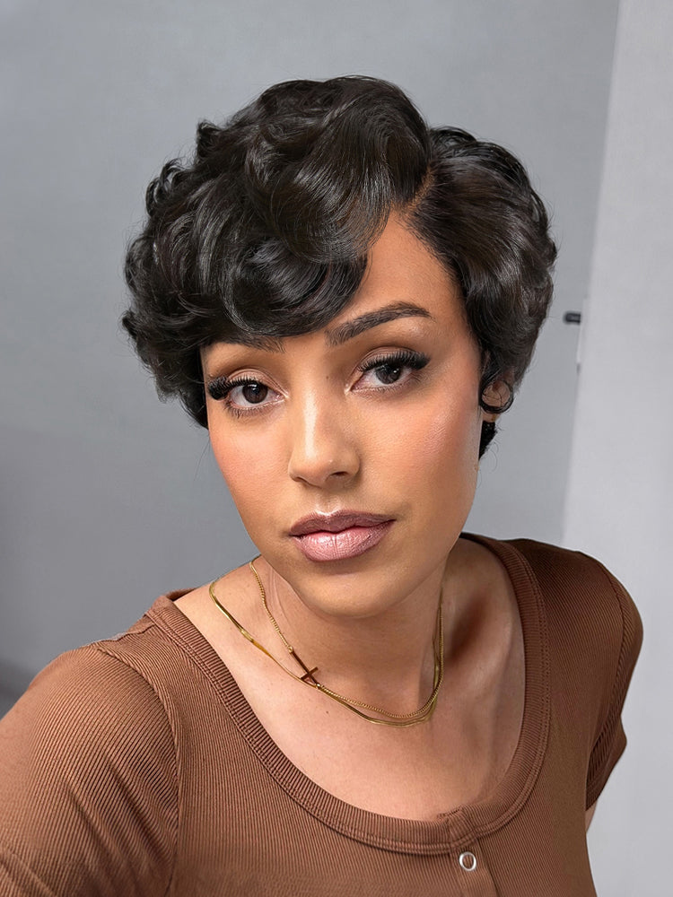Luvme Hair black lightweight roll curl pixie cut wig with pre-cut lace, glueless, beginner-friendly, natural look, short hairstyle