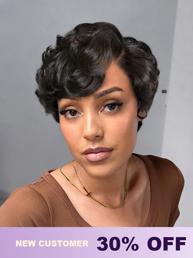 Lightweight natural black pixie cut wig from Luvme Hair featuring short, minimalistic HD lace and pre-cut lace for beginners.