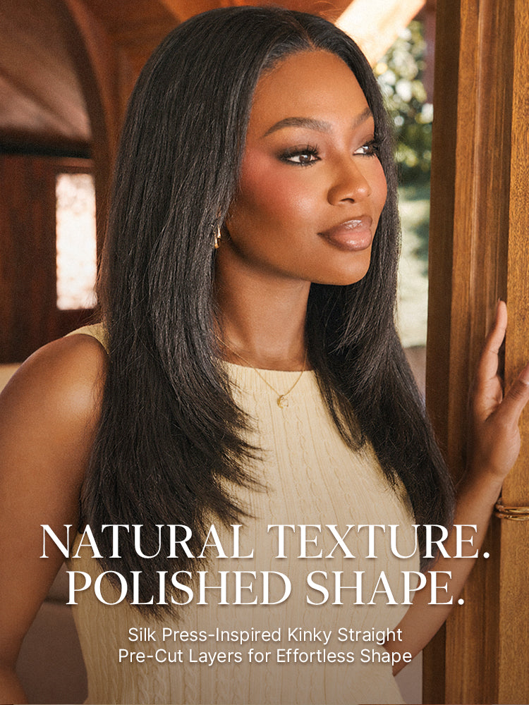 Luvme Hair 7x6 HD lace wig with light kinky straight butterfly cut layered body wave, pre-cut lace, and glueless design.