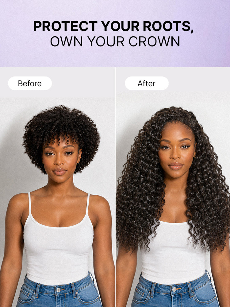 Luvme Hair water wave half wig with 250% density, fluffy and full, glueless design with drawstring for flexible fit.