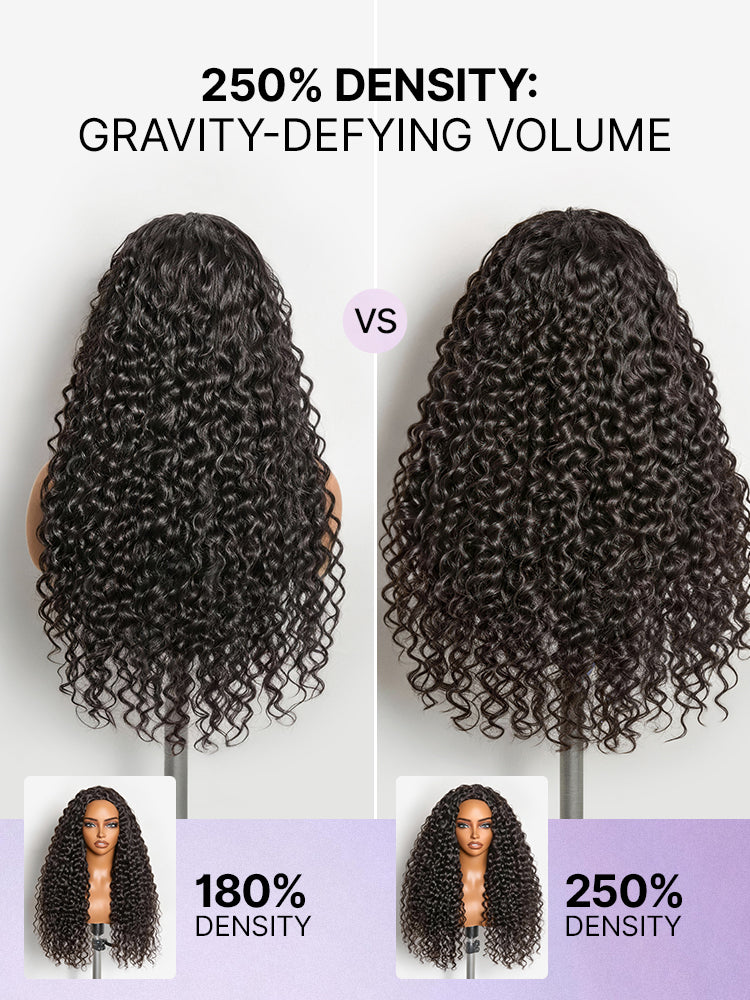 Luvme Hair water wave glueless half wig with 250% density, fluffy full volume, flexible fit, and drawstring for easy wear.