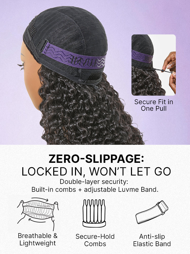 Luvme Hair water wave half wig with 250% density, glueless design, flexi-fit drawstring for a natural, full look.