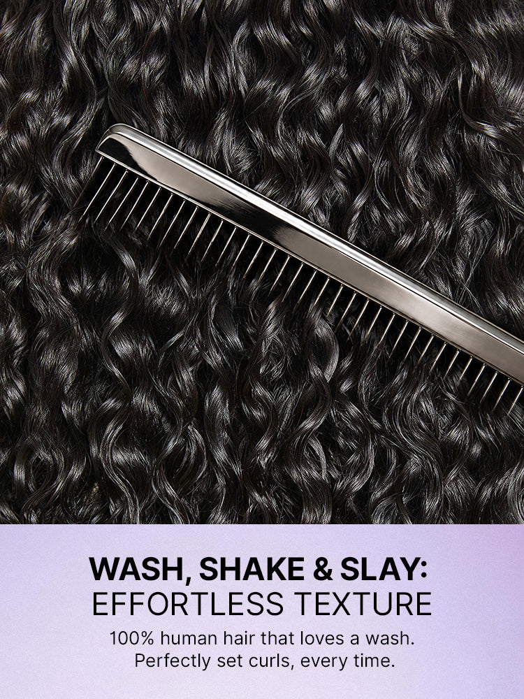 Luvme Hair Fluffy water wave half wig with 250% density, glueless, drawstring, and flexi-fit design shown on a model.