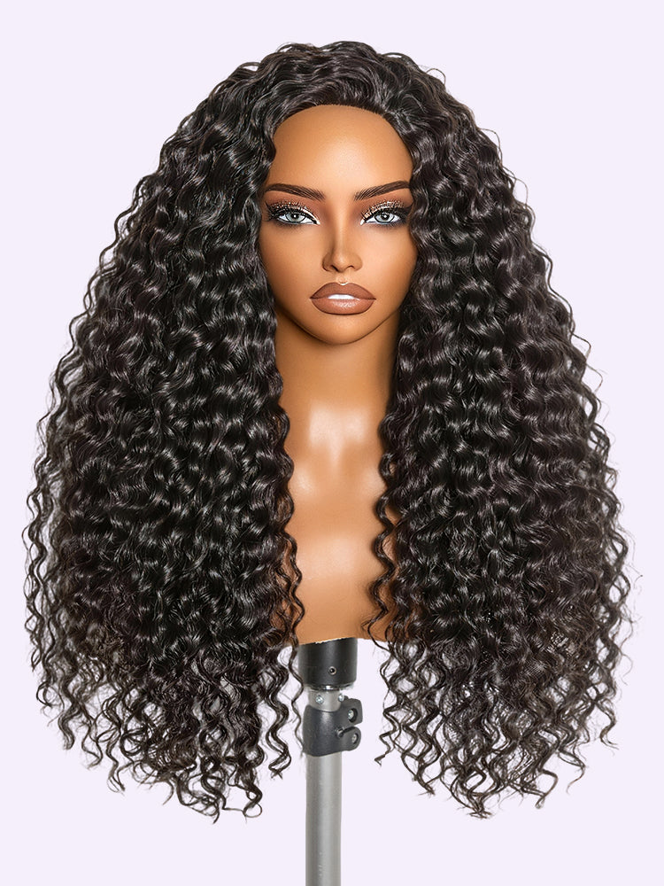 Luvme Hair water wave glueless half wig with 250% density, flexible fit, and drawstring for natural, full-volume hairstyle.