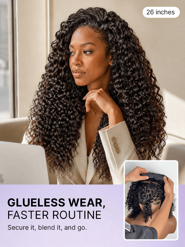 Luvme Hair water wave glueless half wig with 250% density, fluffy full volume, and adjustable drawstring for a natural look