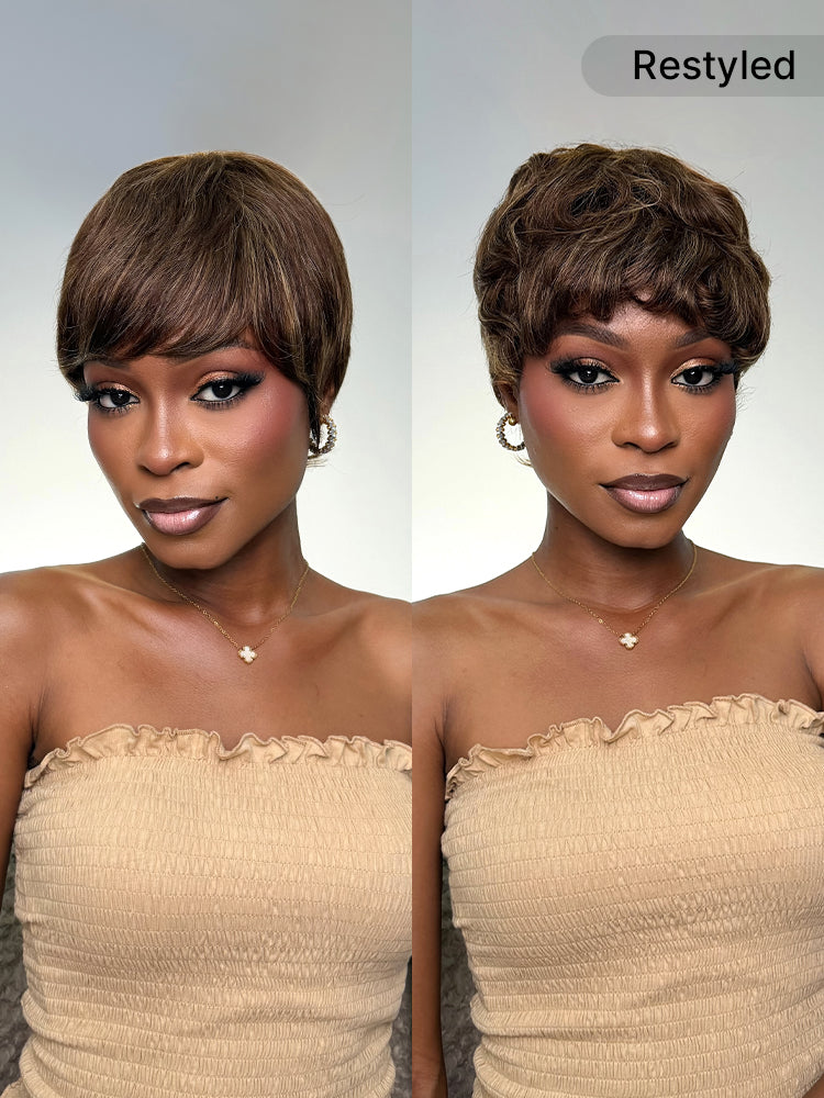 Light blonde short wig with bangs from Luvme Hair, glueless, soft, skin-like comfort, ideal for quick, easy styling.