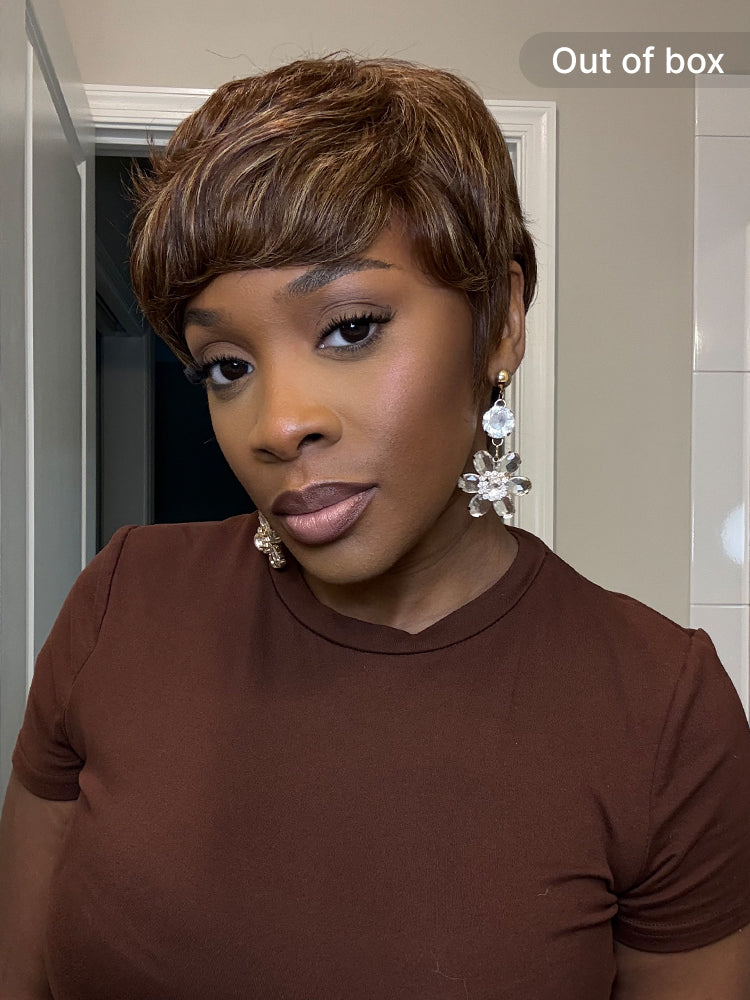Light blonde short wig with bangs from Luvme Hair, featuring a glueless, skin-like soft care design for a comfortable fit.