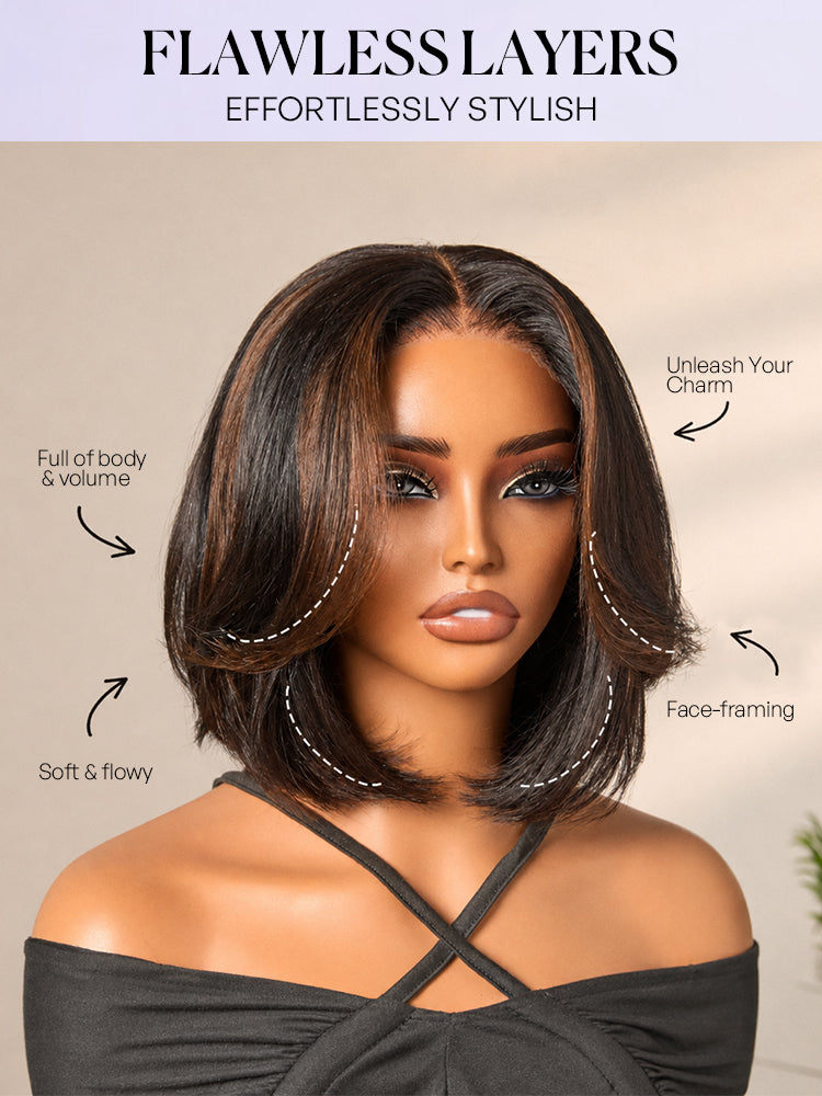 Brown highlight silky short bob wig with layered cut, human hair, glueless 5x5 lace closure, pre-cut lace by Luvme Hair.