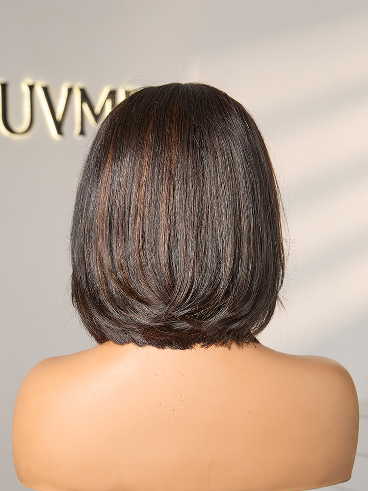 Brown highlight silky short bob wig with layered cut, human hair, glueless 5x5 lace closure, pre-cut lace by Luvme Hair