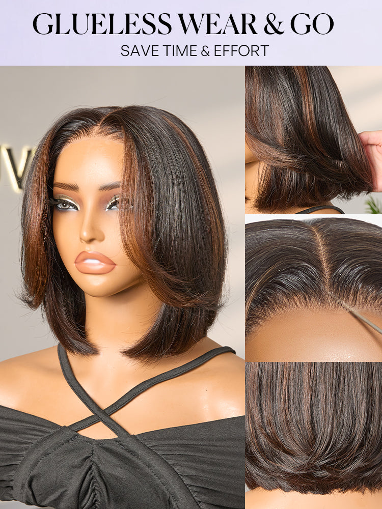 Luvme Hair brown highlight silky short bob wig with layered cut, glueless 5x5 lace closure, human hair, pre-cut lace.