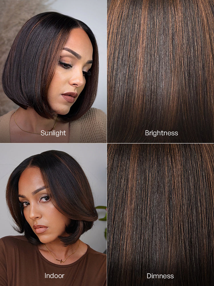 Luvme Hair brown highlight silky short bob wig with layered cut, 5x5 closure, glueless human hair lace wig.