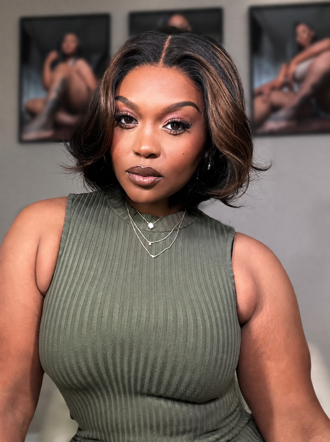 Brown highlight silky short bob wig with layered cut, human hair, 5x5 lace closure, glueless design by Luvme Hair
