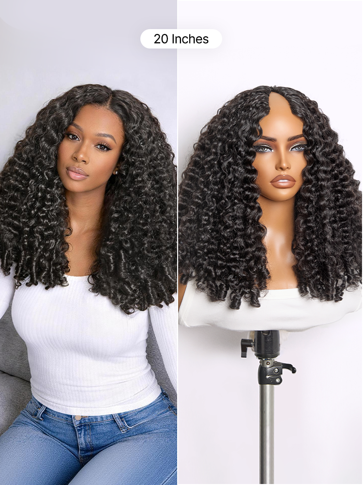 Luvme Hair Burmese curly finger coil ends V part glueless human hair wig with flexi-fit drawstring, 180% density, scalp coverage.