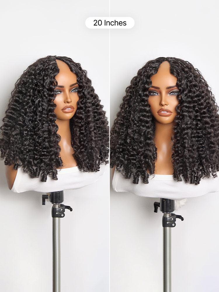Luvme Hair Burmese curly V part human hair wig with finger coil ends, glueless design, 180% density, and flexible drawstring fit