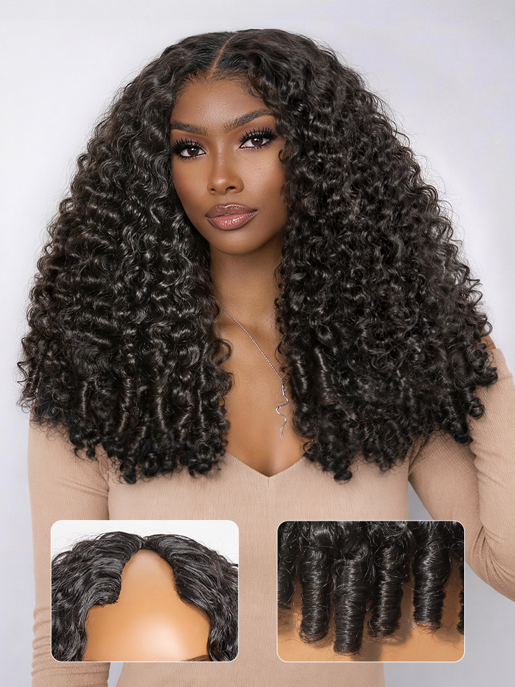 Luvme Hair Burmese curly human hair wig with V part, 180% density, finger coil ends, glueless design, flexi-fit drawstring.