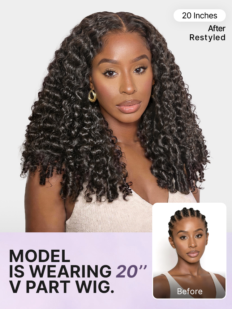 Luvme Hair Burmese curly human hair wig with V part, 180% density, finger coil ends, glueless design, flexi-fit drawstring.
