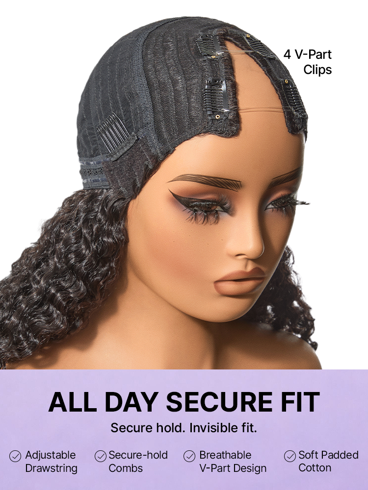 Luvme Hair Burmese curly human hair wig with V part, finger coil ends, glueless design, flexi-fit drawstring, 180% density