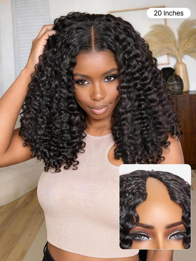 Luvme Hair Burmese curly human hair wig with V part, finger coil ends, flexi-fit drawstring, 180% density, glueless style.