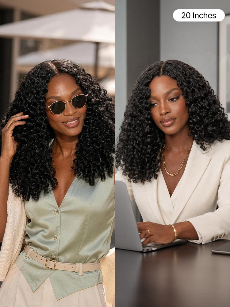 Luvme Hair Burmese curly human hair wig with V part, finger coil ends, 180% density, glueless design, flexi-fit drawstring.