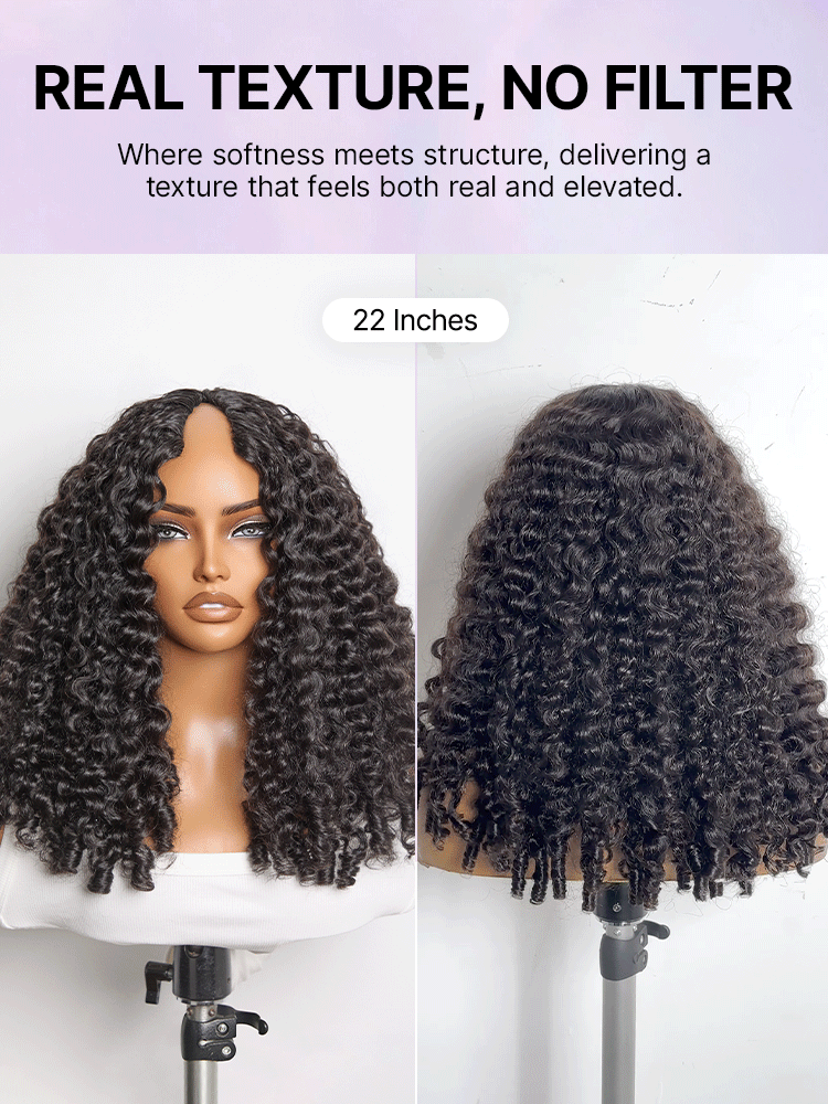 Luvme Hair Burmese curly V-part wig with finger coil ends, 180% density, glueless design, flexi-fit drawstring for natural look