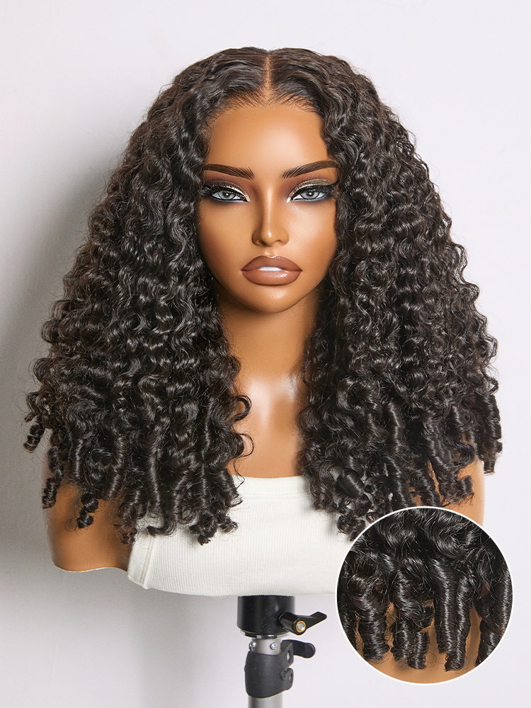 Luvme Hair Burmese curly 5x5 lace closure wig with finger coil ends, glueless design and HD lace for natural look.