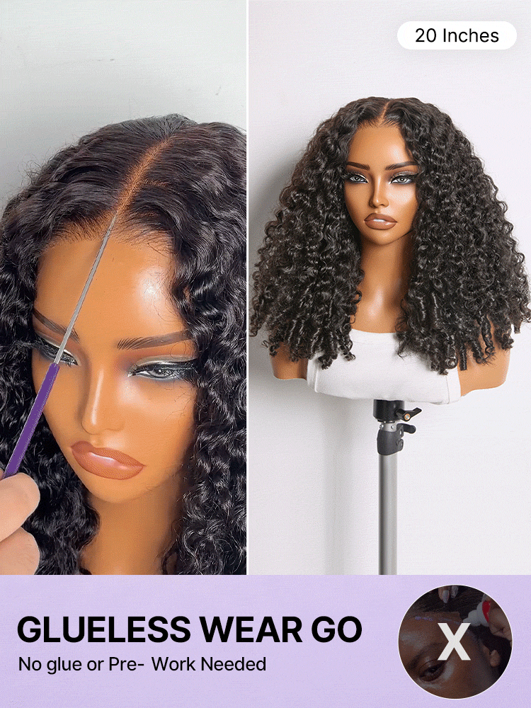 Luvme Hair 5x5 HD lace wig with Burmese curly hair, finger coil ends, glueless design, pre-cut lace, high density 180%.