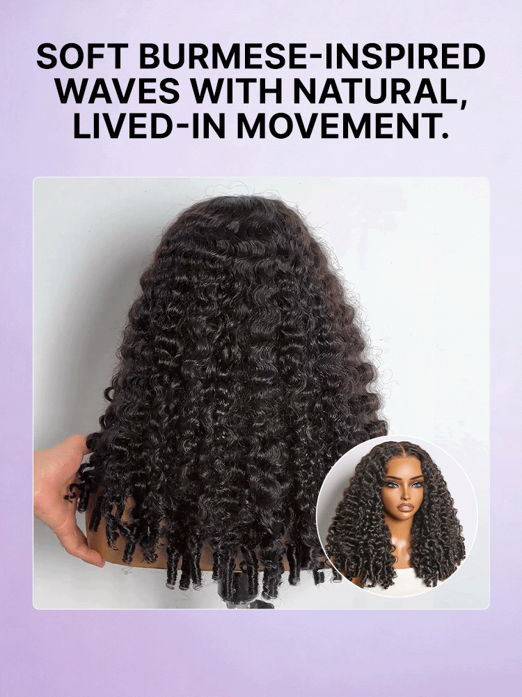 Luvme Hair 5x5 HD lace wig with Burmese curly texture, pre-cut lace, and finger coil ends, 180% density, glueless design