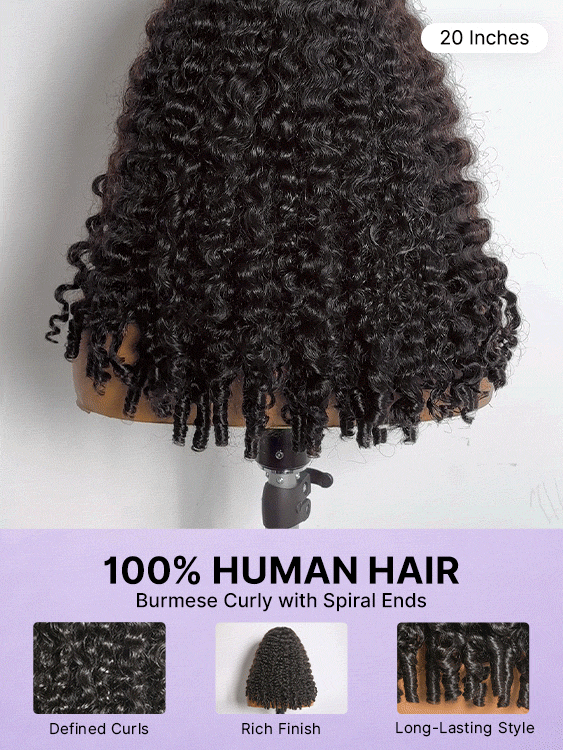 Luvme Hair Burmese curly lace wig with 180% density, pre-cut HD lace closure, finger coil ends, glueless style, natural look