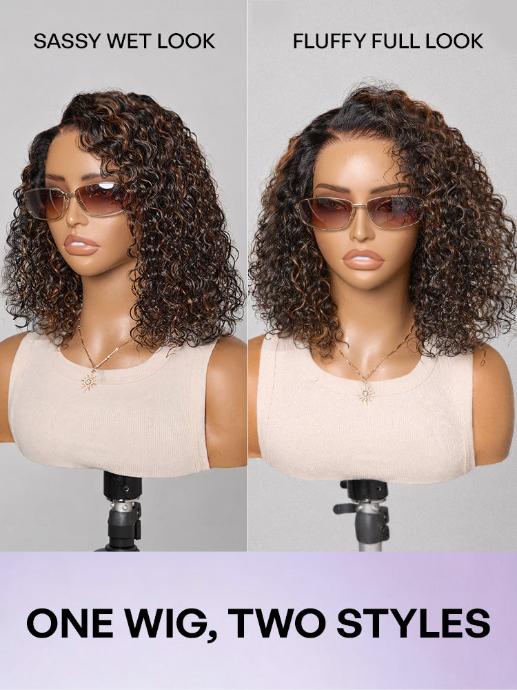 Wet and wavy brown highlight lace water wave wig with 5x5 closure, pre-cut glueless lace wig by Luvme Hair