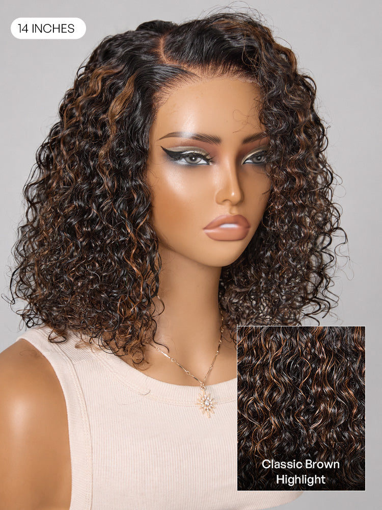 Wet and wavy brown highlight lace water wave wig with 5x5 closure by Luvme Hair, pre-cut and glueless for easy wearing.