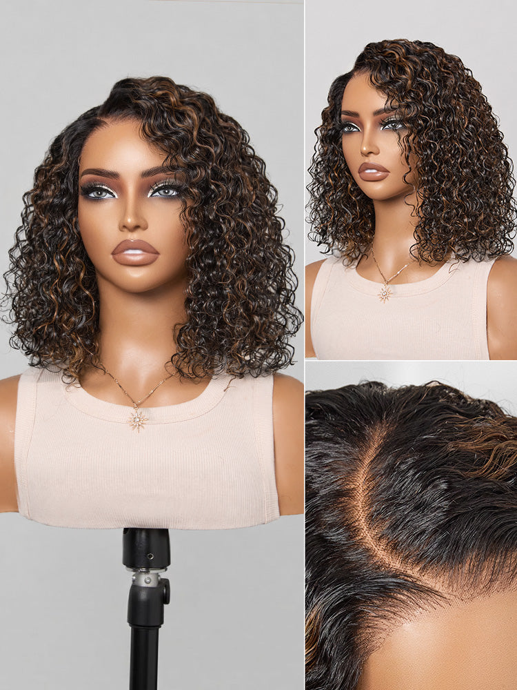Wet and wavy brown highlight lace water wave wig with a 5x5 closure, pre-cut, glueless, by Luvme Hair.