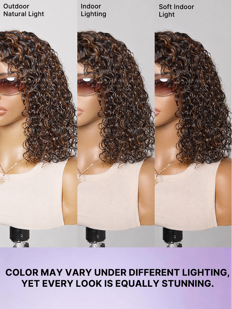 Wet and wavy brown highlight lace water wave wig with 5x5 closure, pre-cut and glueless by Luvme Hair.