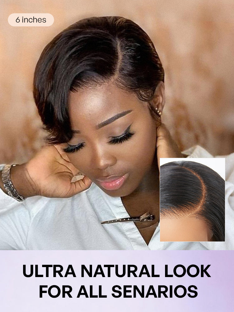 Luvme minimalist lace wig with pre-cut lace, glueless design, featuring a chic pixie cut in natural hair color.