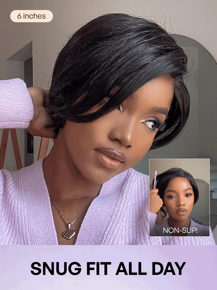 Luvme minimalist lace wig featuring a pixie cut, HD lace, glueless design, and pre-cut lace for easy wear.